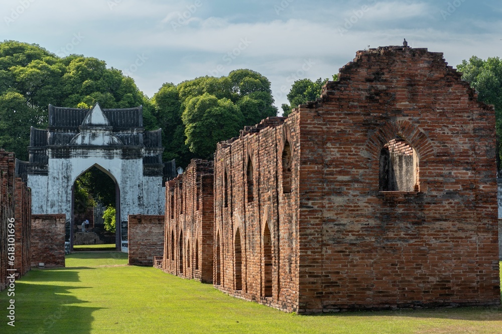 Aged brick wall of ruins in King Narai's Palace in Lopburi, Thailand