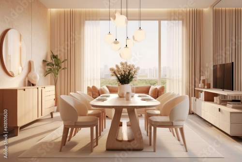 Stylish and modern dining room of luxurious house. interior design 3d render