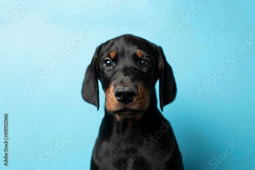 Doberman puppy on a blue background. Puppy looks at the camera in a photo studio. Place for your text. Portrait of dog on blue background. pet studio shot © Polina