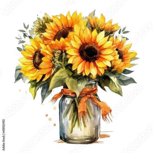 Sunflowers, bouquet of sunflowers, watercolor drawing in the style of realistic, detailed rendering isolated on transparent background png - Generative AI.