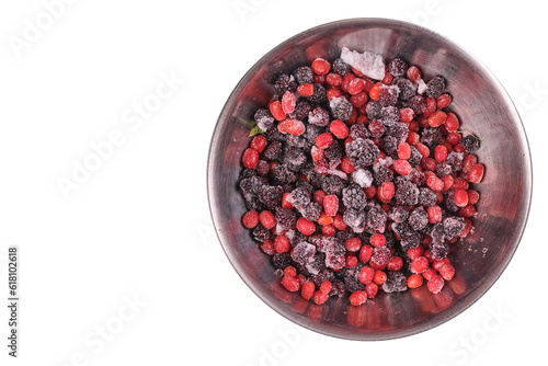 berry Elaeagnus multiflora, gumi, blackberry frozen, isolate on white, in metal bowl close up, ice