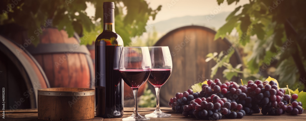 Glass Of Wine, Grapes And Barrel On A sunset Background. wide banner, generative ai
