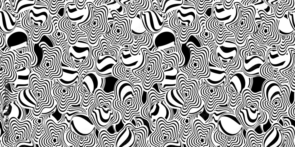 Vector psychedelic seamless background. Trippy black and white graphic