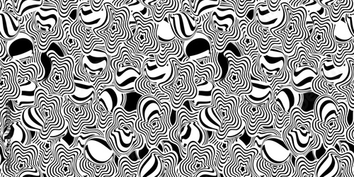 Vector psychedelic seamless background. Trippy black and white graphic design template. Psy trance poster seamless backdrop. Cool fun positive vibes funky geometric hippie psychedelia endless pattern