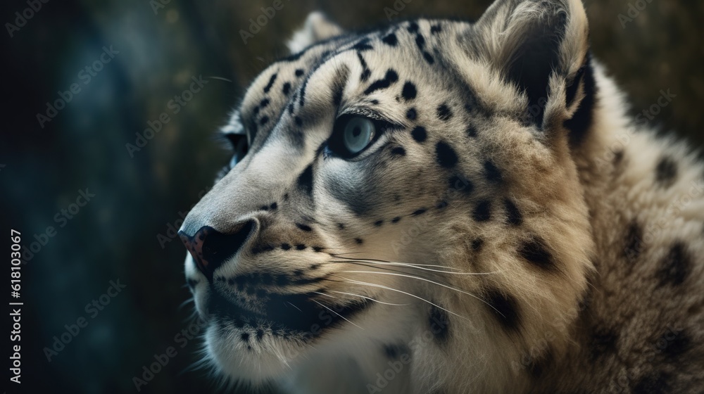 Fototapeta premium a close up of a snow leopard's face with a blurry background. generative ai