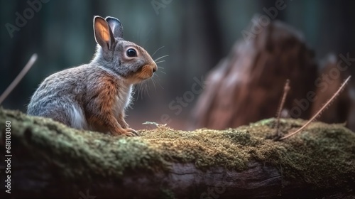  a squirrel sitting on top of a moss covered forest floor. generative ai