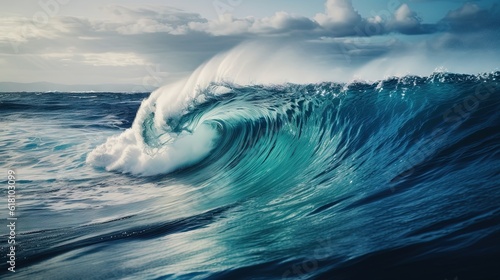  a large wave is breaking in the ocean on a sunny day.  generative ai © Jevjenijs