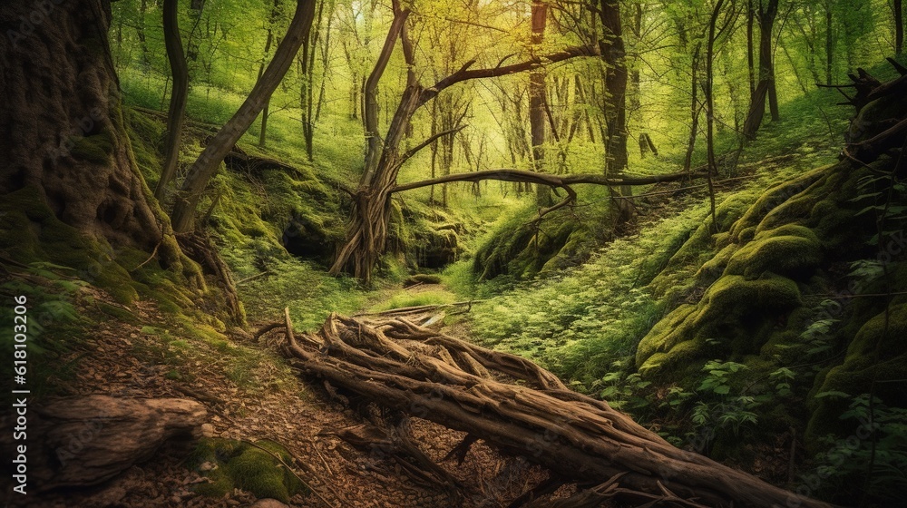 a path in a green forest with a fallen tree in the foreground. generative ai a path in a green forest with a fallen tree in the foreground. generative ai