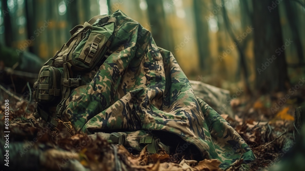  a camouflage blanket laying on the ground in a forest of trees.  generative ai