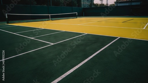  a tennis court with a yellow and green court and a white net. generative ai