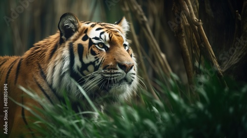  a tiger in the woods looking at something in the distance. generative ai