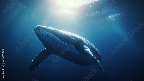  a humpback whale swims under the surface of the water.  generative ai