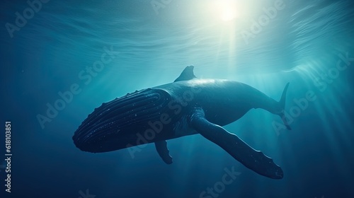  a whale swimming in the ocean with sunlight shining on it. generative ai