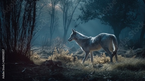  a white wolf standing in a forest at night with fog.  generative ai © Jevjenijs