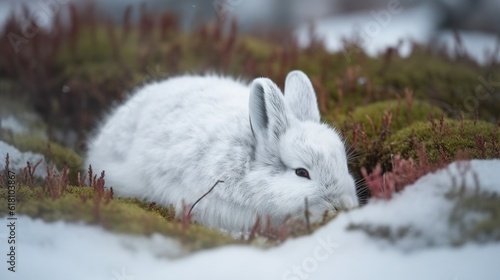  a white rabbit is sitting in the snow and grass in a field. generative ai