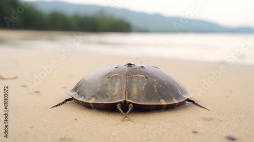  a close up of a turtle on a beach near water.  generative ai