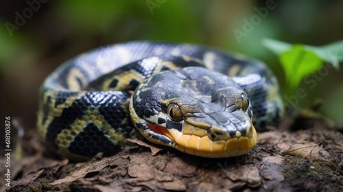  a large snake with a yellow stripe on it's head. generative ai