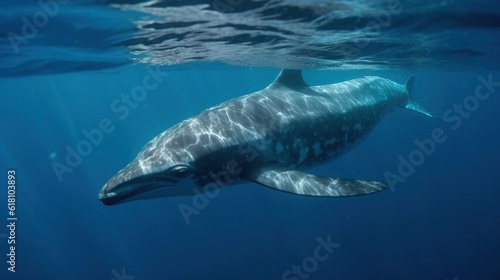  a dolphin swimming in the ocean with its head above the water.  generative ai © Jevjenijs