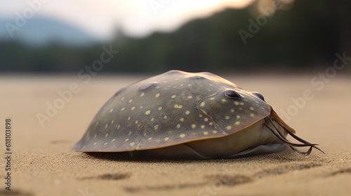  a large turtle laying on top of a sandy beach next to a forest. generative ai