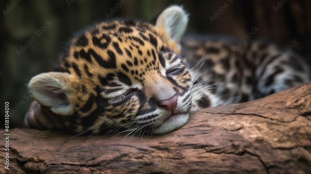 a baby leopard sleeping on top of a tree branch in a zoo. generative ai a baby leopard sleeping on top of a tree branch in a zoo. generative ai