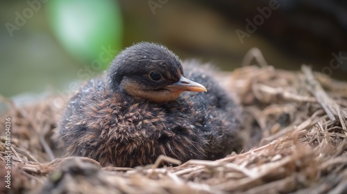  a baby bird sitting in a nest with a green ball in the background.  generative ai