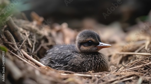  a baby bird sitting in a nest on top of dry grass. generative ai