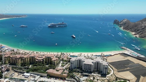 Landscape drone scene of Cala de Sant Vicent
beach resort village on the Spanish island of Ibiza photo