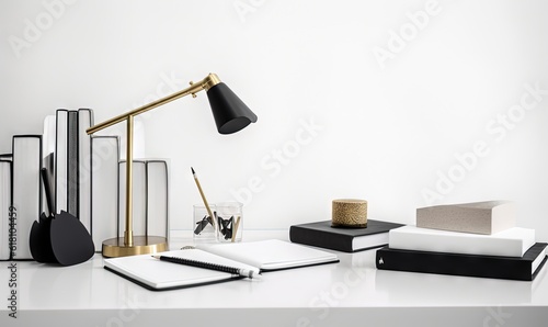  a desk with a lamp, books, and other items on it, including a notebook, a pen, and a glass of water. generative ai
