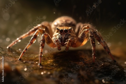 Close-up of a Plexippus payculli spider on the ground at sunrise