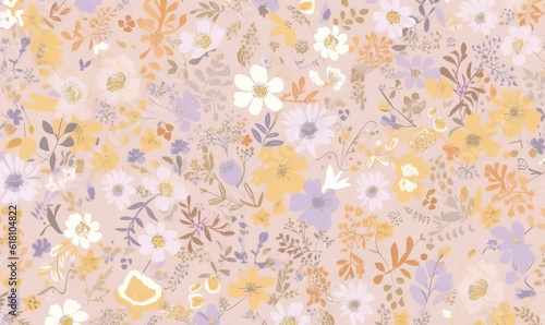  a flowery pattern with many different colors and sizes of flowers on a light pink background with yellow, purple, and orange colors of flowers. generative ai