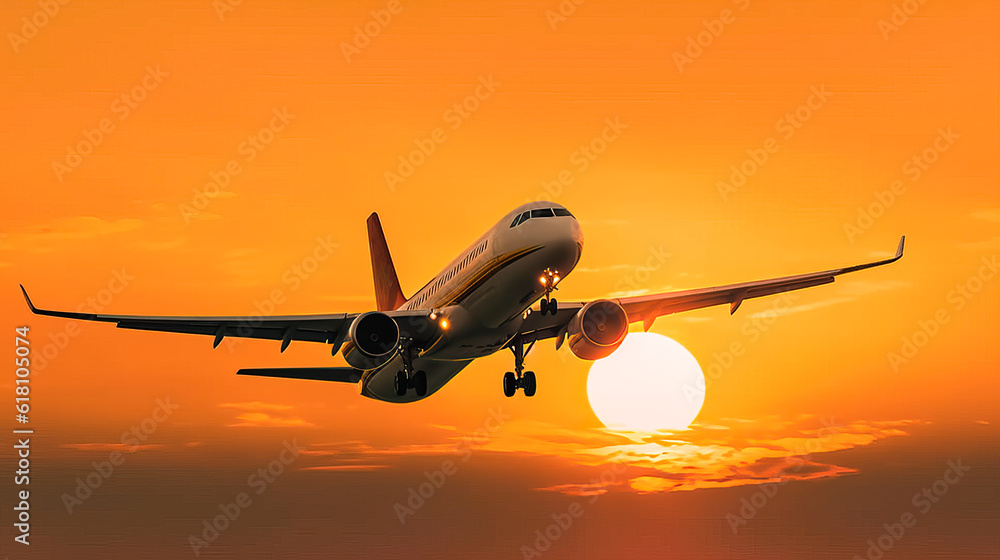 Airplane at sunset. Generative AI
