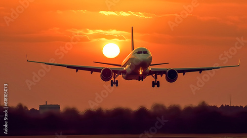 Commercial passenger plane landing in a sunset .Generative AI