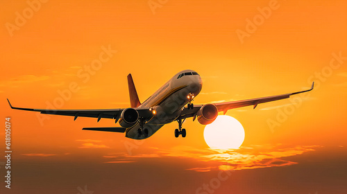 Airplane at sunset. Generative AI
