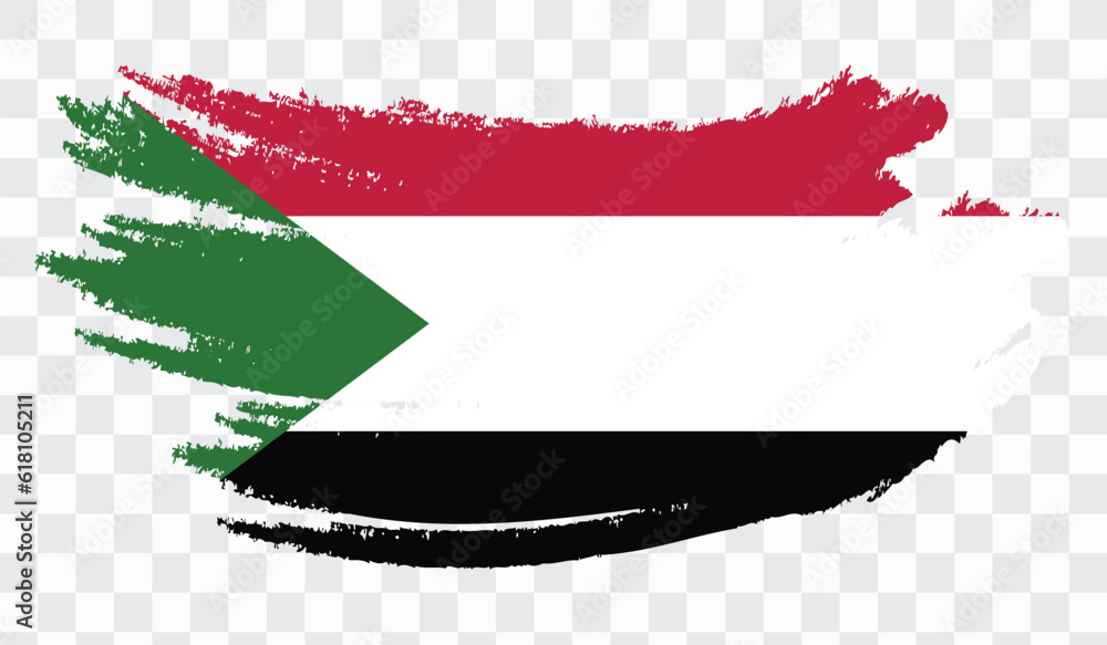 Obraz premium Grunge brush stroke with SUDAN national flag. Watercolor painting flag,poster, banner of the national flag. Style watercolor drawing. Vector isolated on transparent background.