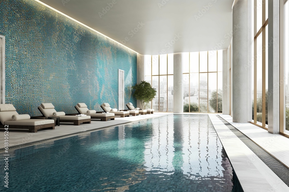 AI generated illustration of a luxurious modern swimming pool with a long glass wall