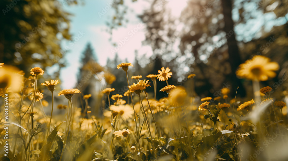 Obraz premium field of yellow flowers, daisies, meadow, sunny summer day with flowers and nature, blue sky