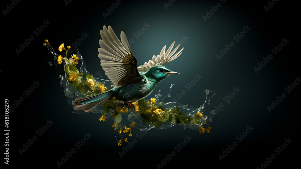 bird made of leaf, seeds and flower, animal and nature, bird landing, concept art, illustration of a bird, made with natural elements, on a black background, made with generative AI