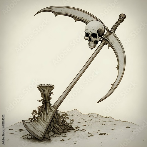 Stygius Deaths Scythe a scythe that can cut through anything and everything including souls allowing the wielder to harvest souls and control the dead Dungeons and Dragons Pencil sketch Pen Color  photo