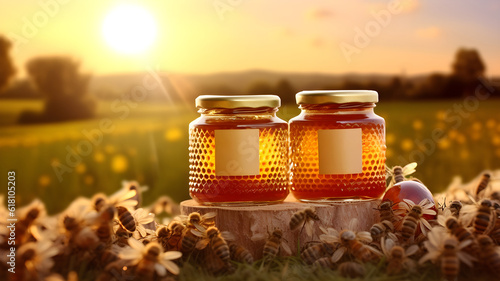 honey jar, in front of the farm, bees flying, nature and ecology, healthy food, yummy, golden honey, protecting nature, honey and bees, made with generative AI photo