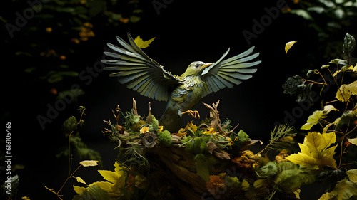 bird made of leaf, seeds and flower, animal and nature, bird landing, concept art, illustration of a bird, made with natural elements, on a black background, made with generative AI