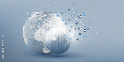 Futuristic Smart City, IoT and Cloud Computing Design Concept with Polygonal Mesh, Cluster and Nodes - Earth Globe and Icons - Digital Network Connections, Technology Vector Background