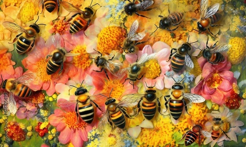  a group of bees sitting on top of a bunch of flowers next to a bunch of bees on top of a bunch of yellow and pink flowers. generative ai
