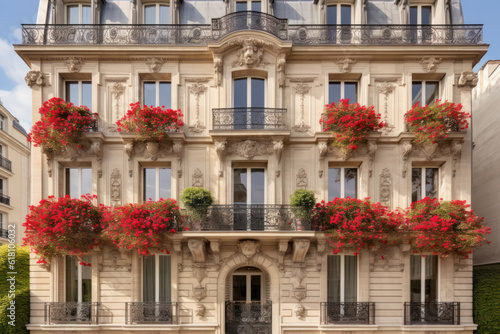 Façade d'un immeuble parisien, de type Haussmannien avec des balcons fleuris de géraniums rouges  © P.E Faivre