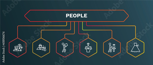 set of people white thin line icons. people outline icons with infographic template. linear icons such as chemist working, men carrying a box, man with an idea, sculptor working, bridesmaids vector.
