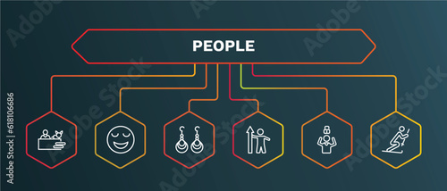 set of people white thin line icons. people outline icons with infographic template. linear icons such as relieved smile, earings, worker success, man with open lock, ski stick man vector.