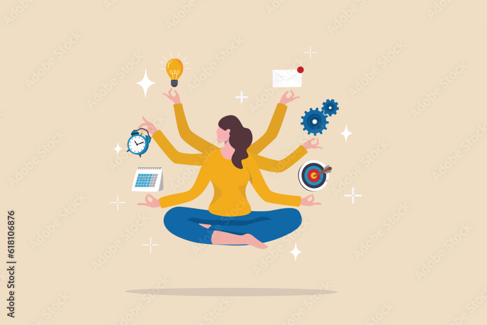 Multitasking or manage project, task or work efficiency, productivity or time management, workload balance or work responsibility concept, productive woman with multiple hands handle multitasking job. - obrazy, fototapety, plakaty 