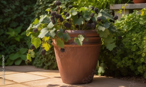  a potted plant with black berries on it sitting on a table in front of some bushes and a bench in the background with a bench in the foreground.  generative ai