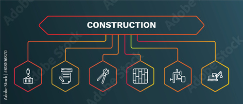 set of construction white thin line icons. construction outline icons with infographic template. linear icons such as measures plan, clippers, , adjusment system, derrick with ball vector.