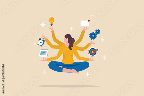 Multitasking or manage project, task or work efficiency, productivity or time management, workload balance or work responsibility concept, productive woman with multiple hands handle multitasking job. photo