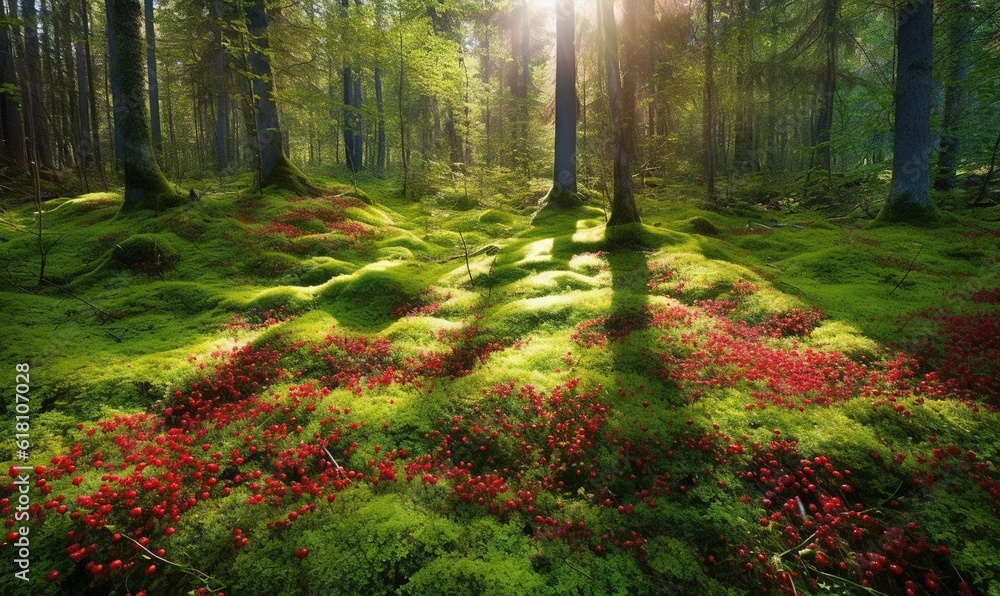 Obraz premium the sun shines through the trees in a forest filled with green grass and red flowers on the ground and in the foreground is a bed of red flowers. generative ai